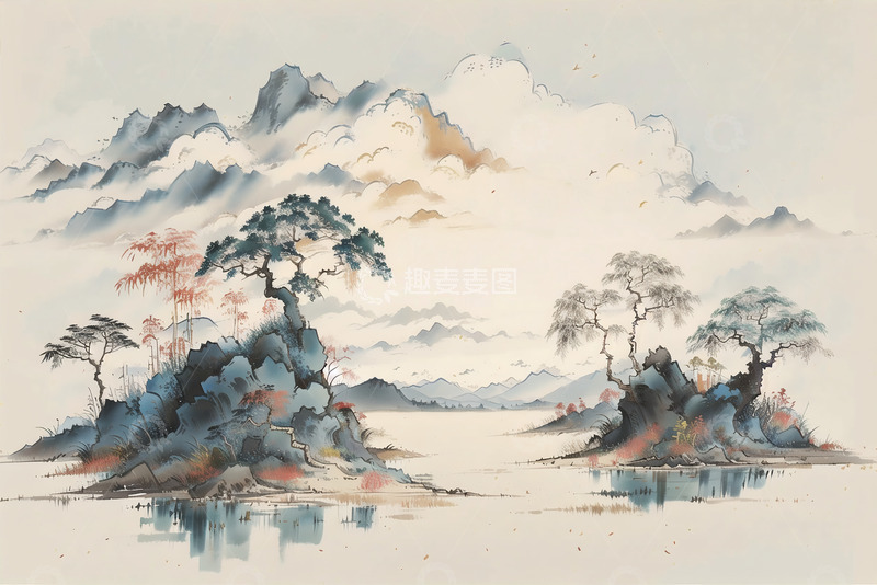 高清大图下载【趣麦麦图】中国水墨风山水背景插画