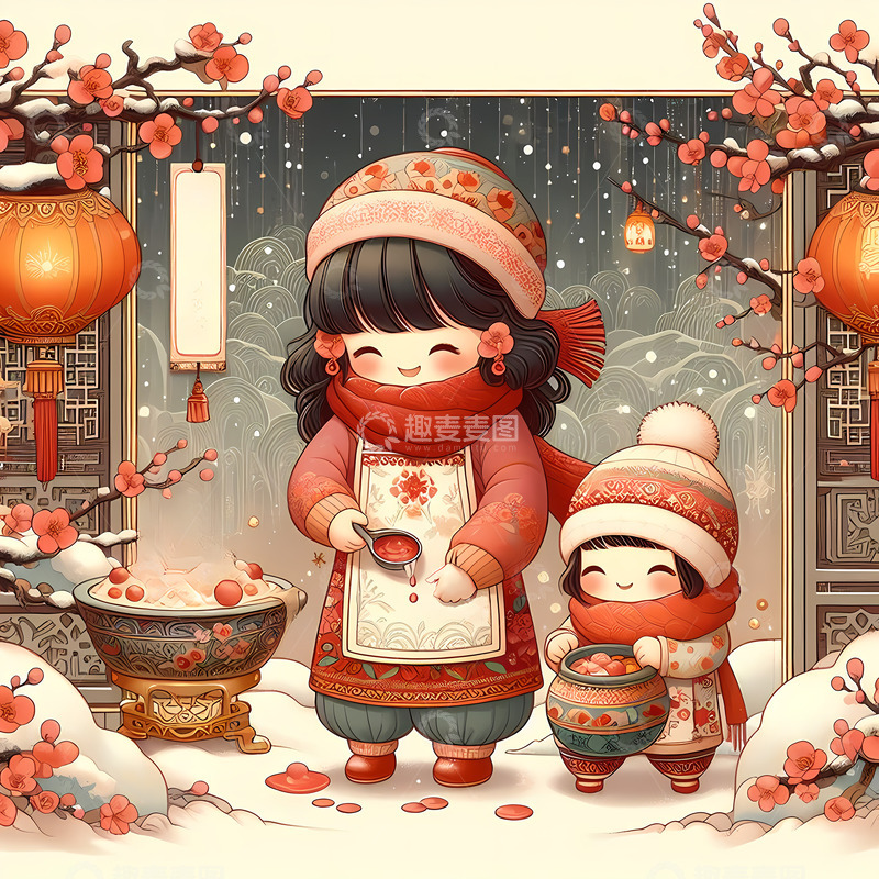 高清大图下载【趣麦麦图】腊八节煮腊八粥冬天下雪节日国潮