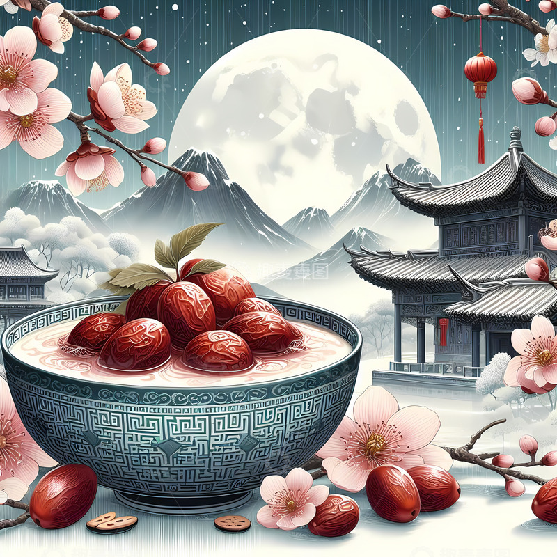 高清大图下载【趣麦麦图】腊八粥腊八节国潮风月夜梅花