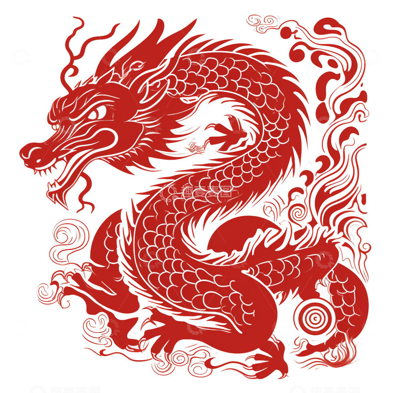 高清大图下载【趣麦麦图】中国龙剪纸红色平面元素