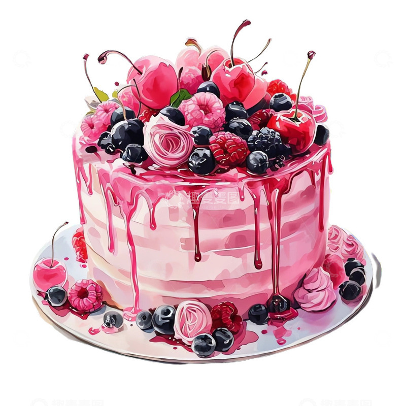 高清大图下载【趣麦麦图】水彩风格树莓蛋糕