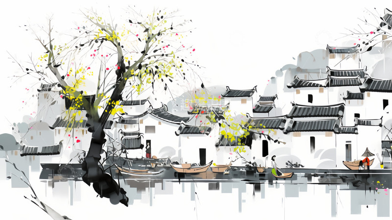 高清大图下载【趣麦麦图】春天江南水乡国画