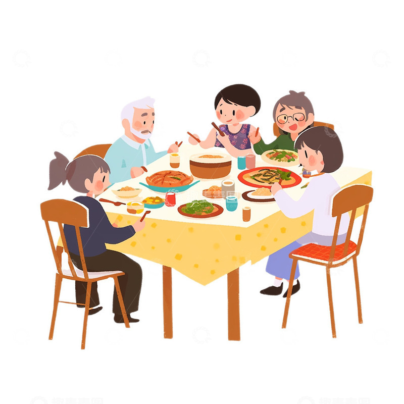 高清大图下载【趣麦麦图】一家庭聚餐卡通插画