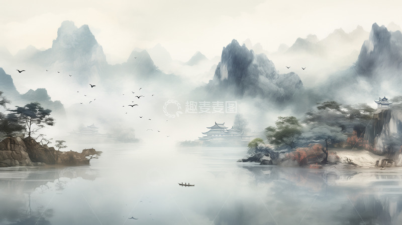 高清大图下载【趣麦麦图】山水泛舟高山远水意境水墨背景