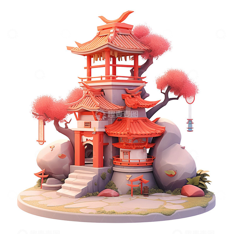 高清大图下载【趣麦麦图】中式阁楼卡通3D