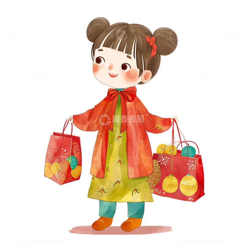 高清大图下载【趣麦麦图】小女孩提着年货