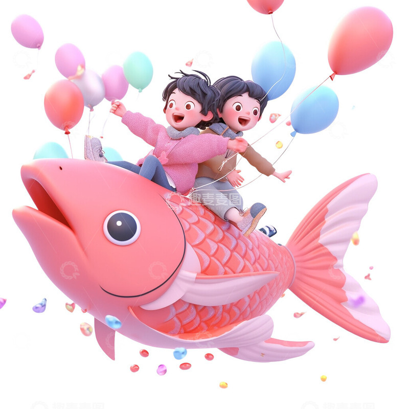 高清大图下载【趣麦麦图】坐在大锦鲤上庆祝的小孩