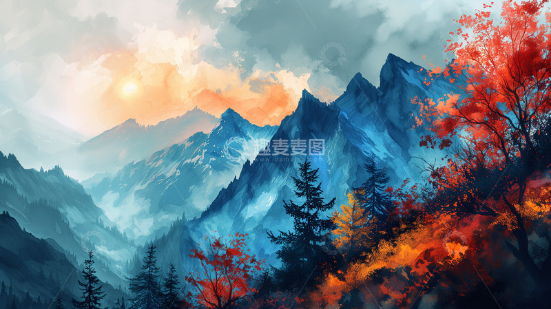 高清大图下载【趣麦麦图】雪山插画背景