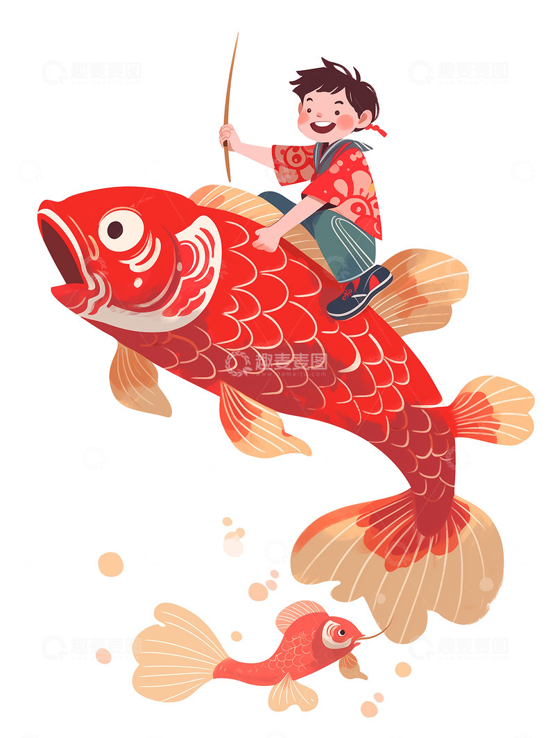 小男孩新春报锦鲤骑着锦鲤年货