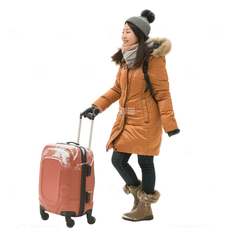 开心回家的带着行李的女孩