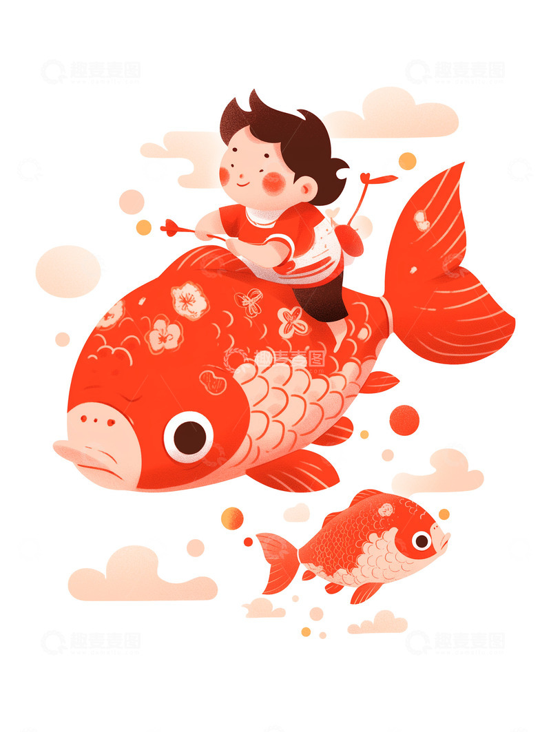 小男孩新春报锦鲤骑着锦鲤年货年画