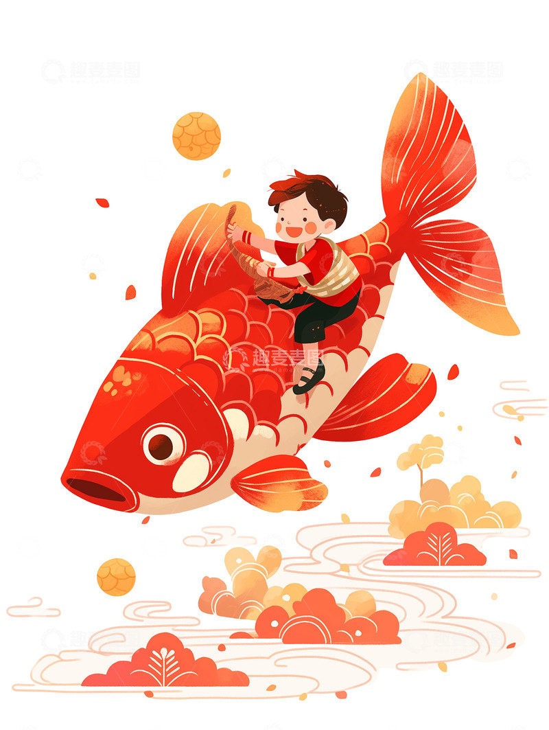小男孩新春锦鲤骑着锦鲤年货年画