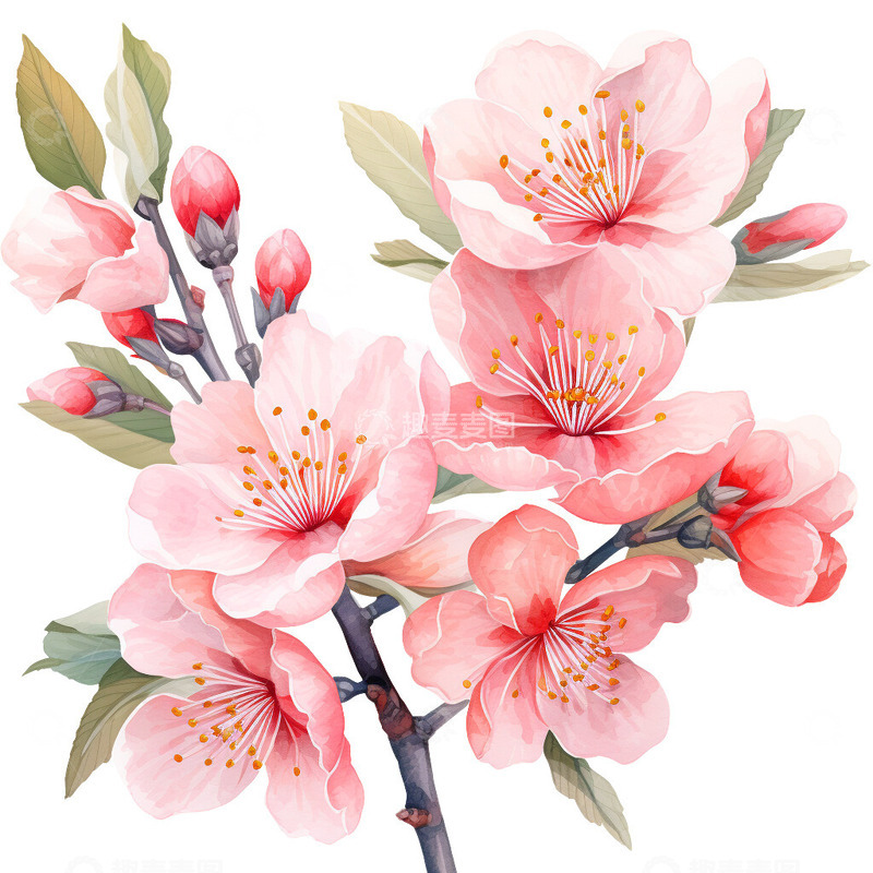 高清大图下载【趣麦麦图】盛开的桃花彩铅
