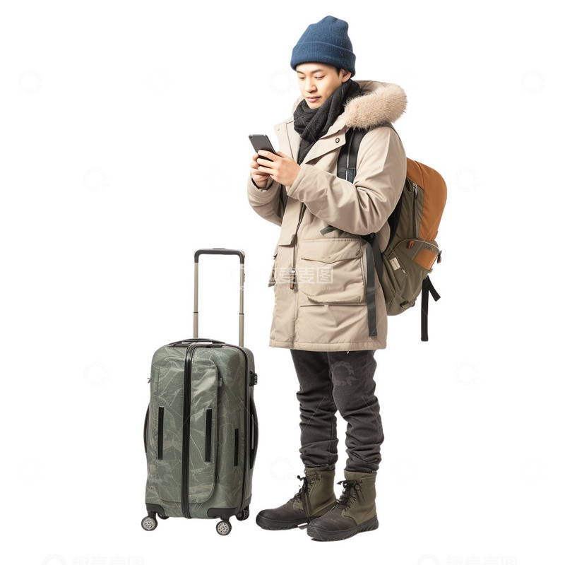 高清大图下载【趣麦麦图】站着玩手机的等车春运的男生