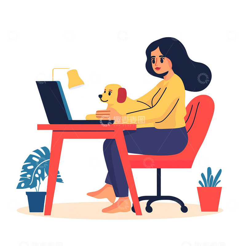 高清大图下载【趣麦麦图】在和宠物一起上网的女孩