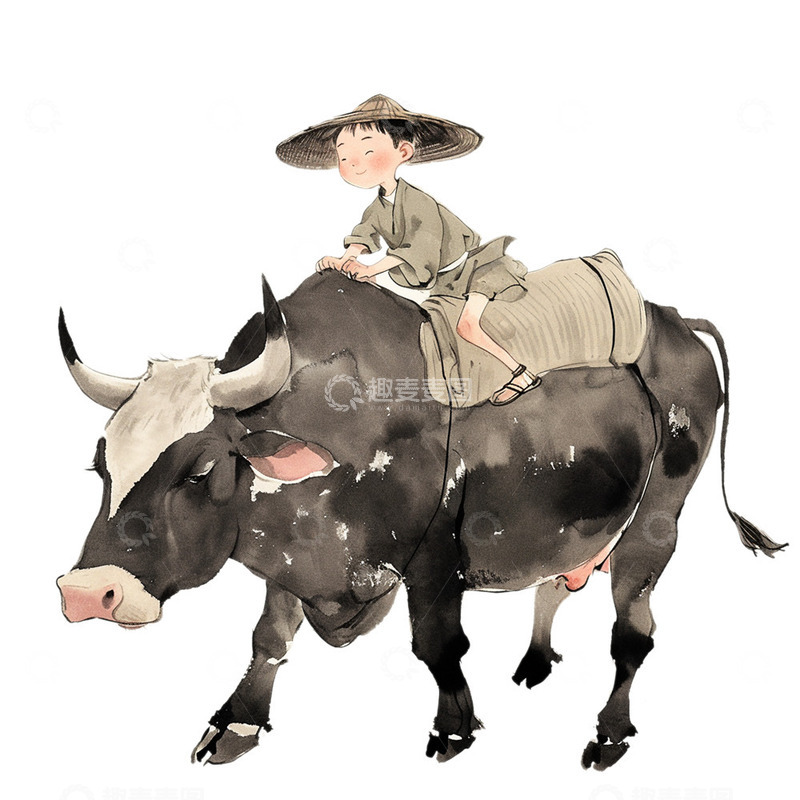 高清大图下载【趣麦麦图】水墨风儿童骑着水牛素材