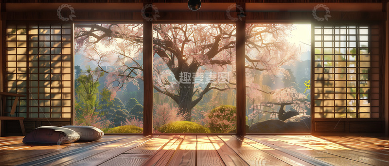 高清大图下载【趣麦麦图】樱花窗外古典风景