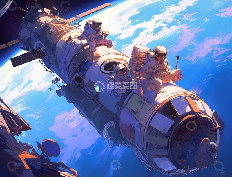 高清大图下载【趣麦麦图】宇航员维修太空飞船