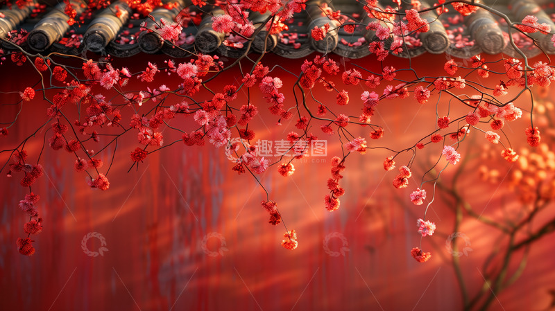 高清大图下载【趣麦麦图】瓦墙梅花中国风背景