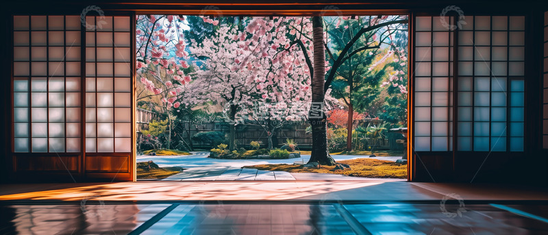 高清大图下载【趣麦麦图】古典窗外樱花背景