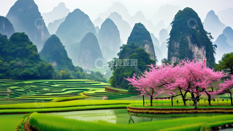 高清大图下载【趣麦麦图】谷雨插画绿色稻田