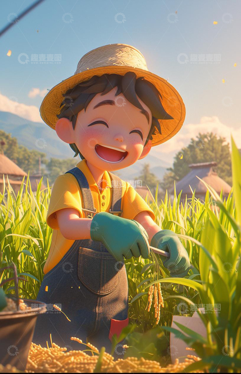 高清大图下载【趣麦麦图】开心秋收的男孩