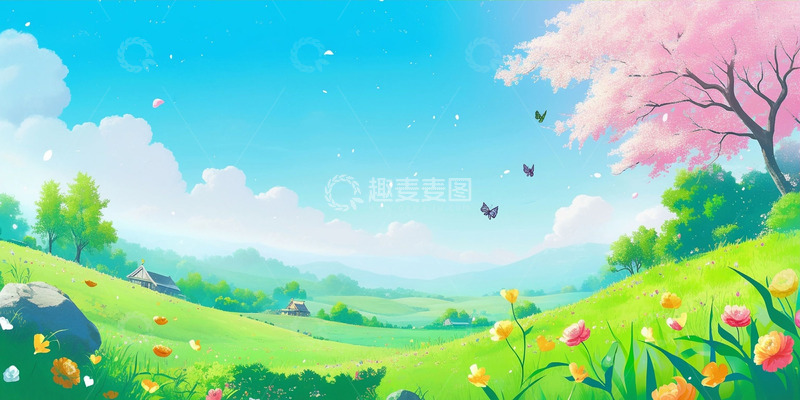 高清大图下载【趣麦麦图】卡通风蓝天白云草地自然背景
