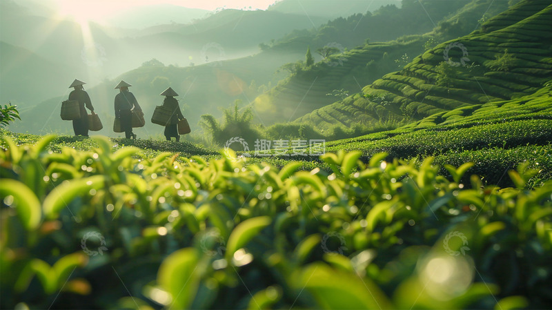 高清大图下载【趣麦麦图】春天茶田人物太阳场景绿色背景