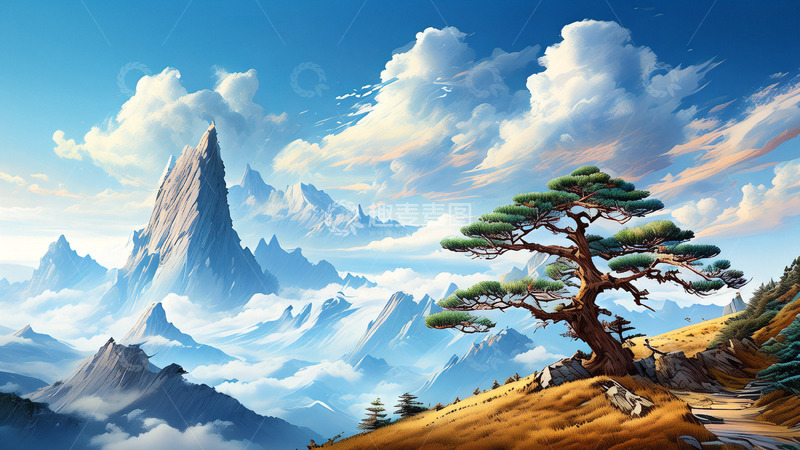 高清大图下载【趣麦麦图】山顶迎客松自然风光