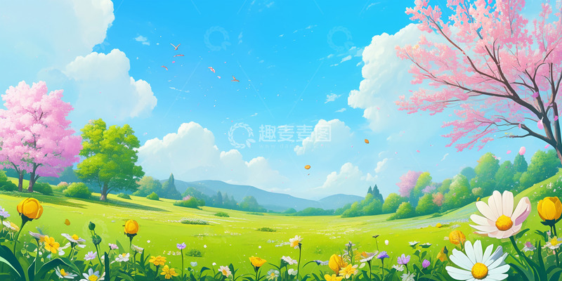 高清大图下载【趣麦麦图】日漫风草地蓝天白云背景