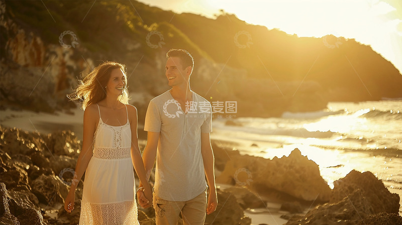 高清大图下载【趣麦麦图】海边情侣阳光海滩散步风景场景