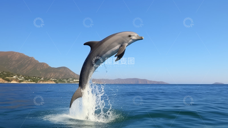 高清大图下载【趣麦麦图】海豚在蓝色透明的海面跳跃