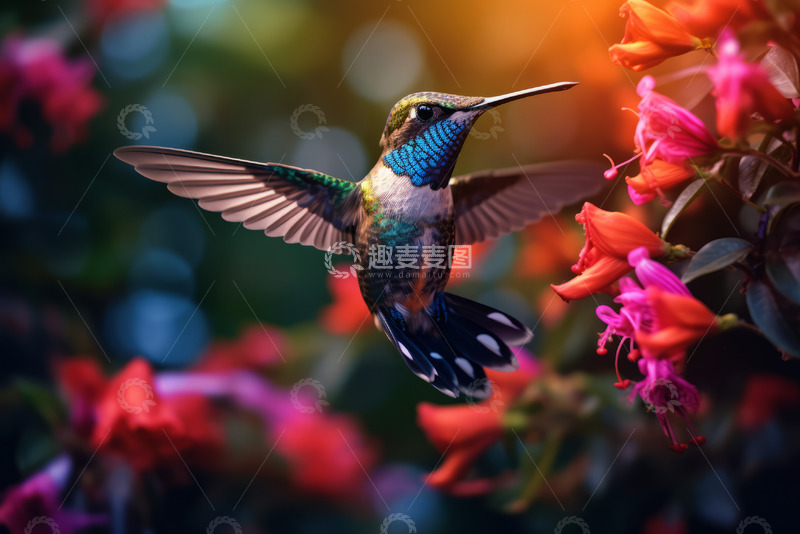 高清大图下载【趣麦麦图】在花朵上盘旋的蜂鸟