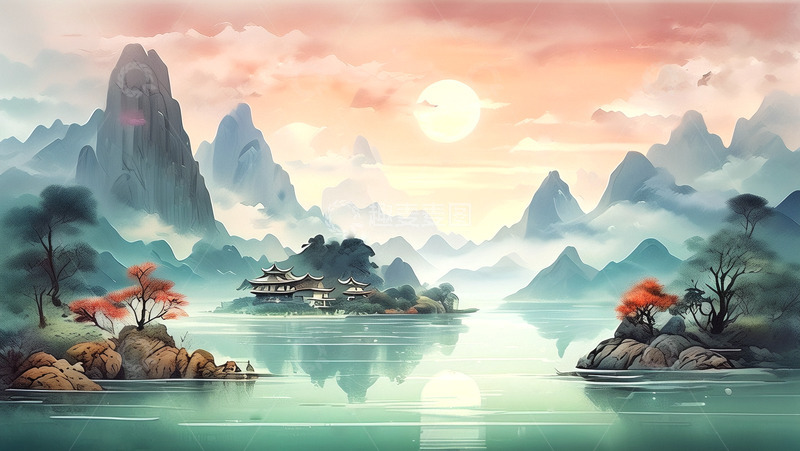 高清大图下载【趣麦麦图】意境山水水墨风背景