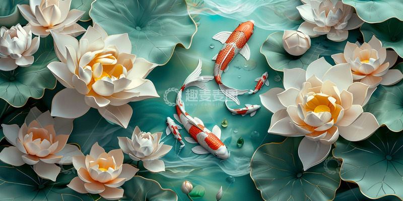 高清大图下载【趣麦麦图】池塘里荷叶荷花锦鲤图