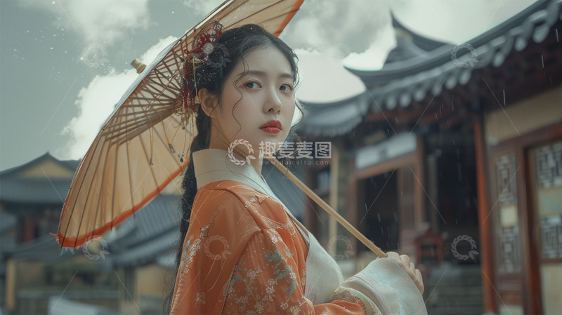 高清大图下载【趣麦麦图】中国风美女人物打伞建筑场景