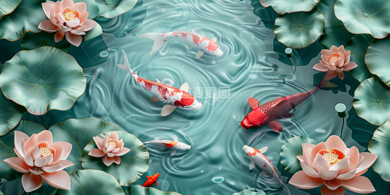 高清大图下载【趣麦麦图】鱼塘里的荷花锦鲤