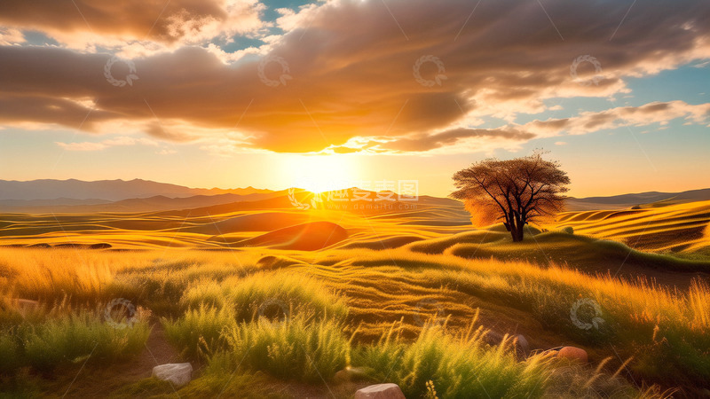 高清大图下载【趣麦麦图】草原风景落日余晖