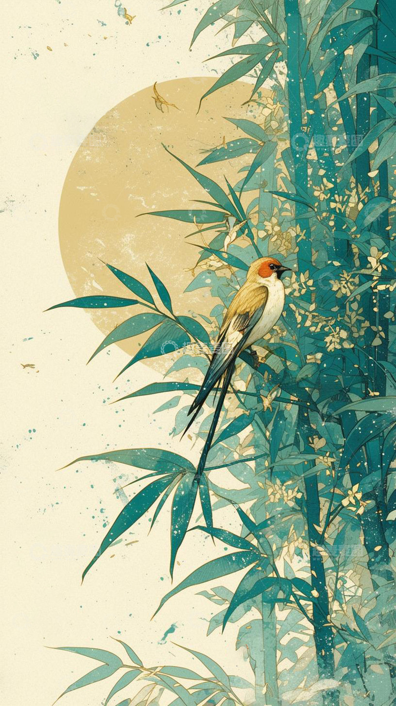 高清大图下载【趣麦麦图】竹林杜鹃复古中国风背景