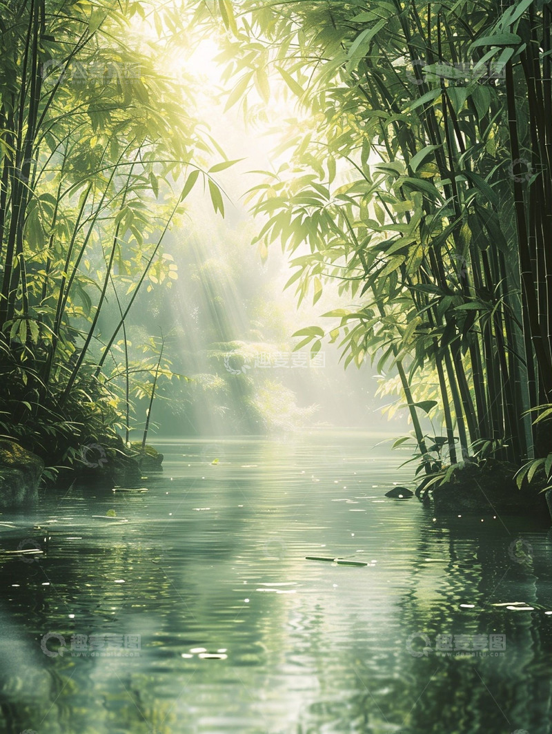 高清大图下载【趣麦麦图】春日光影下溪边竹园