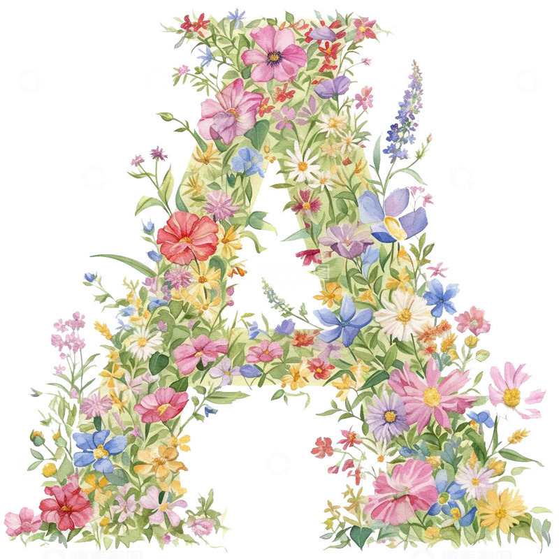 高清大图下载【趣麦麦图】水彩花卉字母A