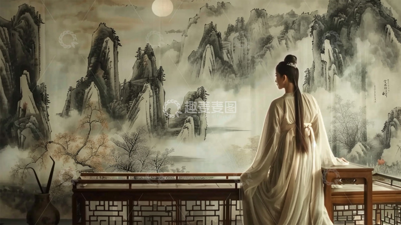 高清大图下载【趣麦麦图】中国风水墨人物写实场景壁画