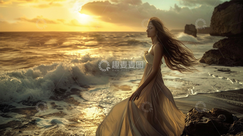 高清大图下载【趣麦麦图】海边美女场景太阳唯美海浪