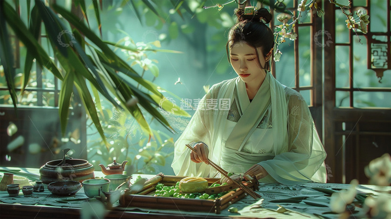 高清大图下载【趣麦麦图】中国风绿色美女古风场景