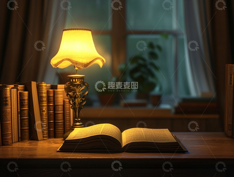 高清大图下载【趣麦麦图】夜晚台灯下的书籍平视摄影图