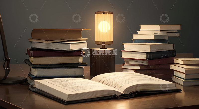 高清大图下载【趣麦麦图】办公桌上台灯与书籍