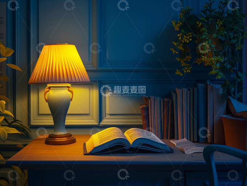 高清大图下载【趣麦麦图】夜晚静谧感台灯与书籍