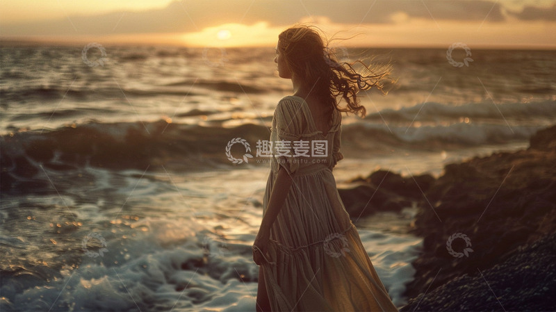 高清大图下载【趣麦麦图】海边海浪美女日出唯美场景