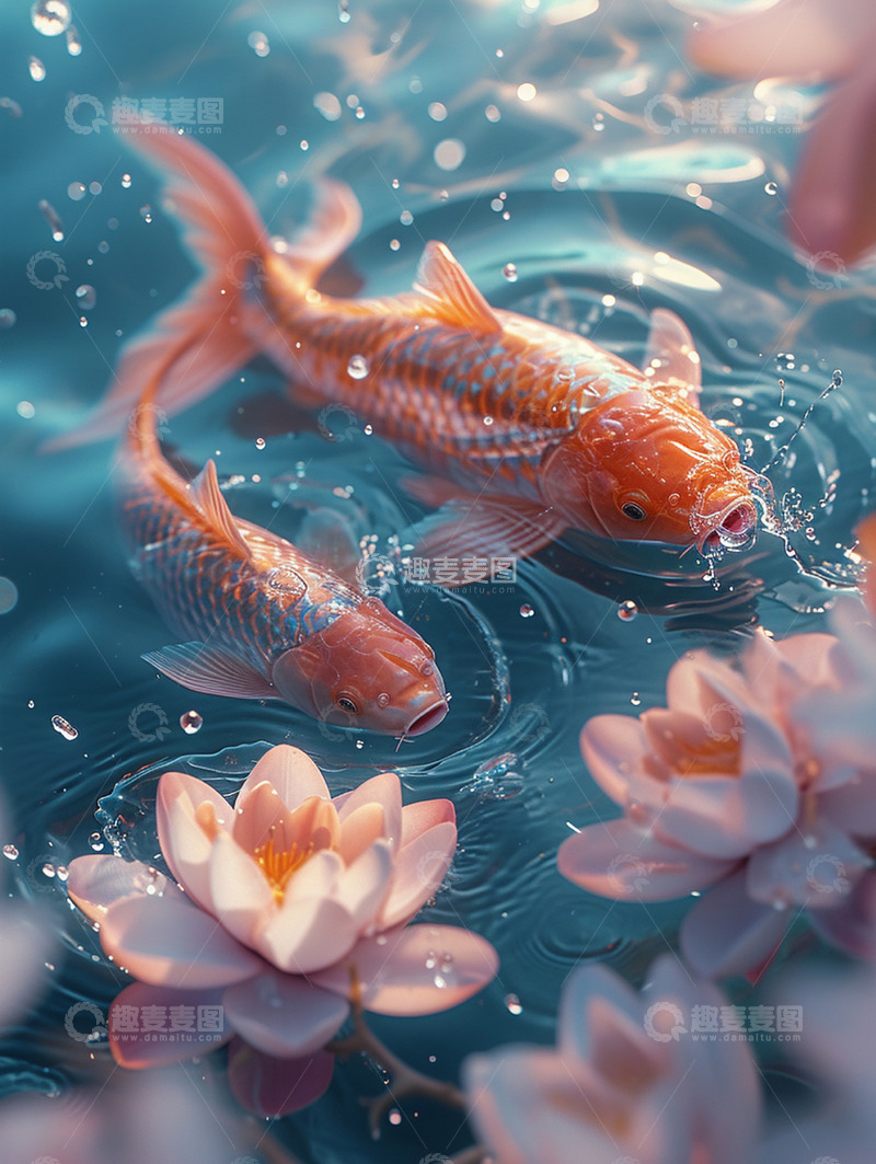 高清大图下载【趣麦麦图】荷花锦鲤特写