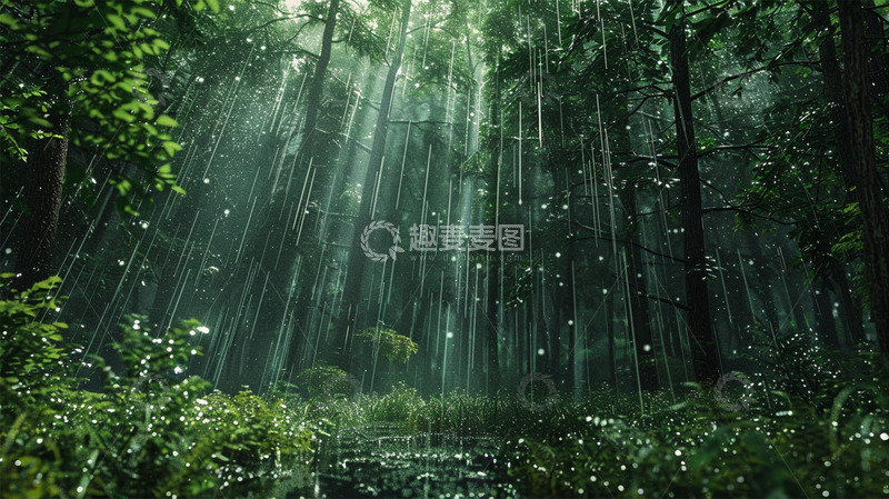 高清大图下载【趣麦麦图】春天树林下雨唯美绿色场景